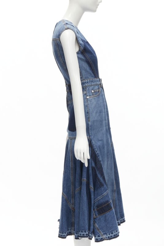 ALEXANDER MCQUEEN 2021 Runway washed denim shadow bodice midi dress IT38 XS