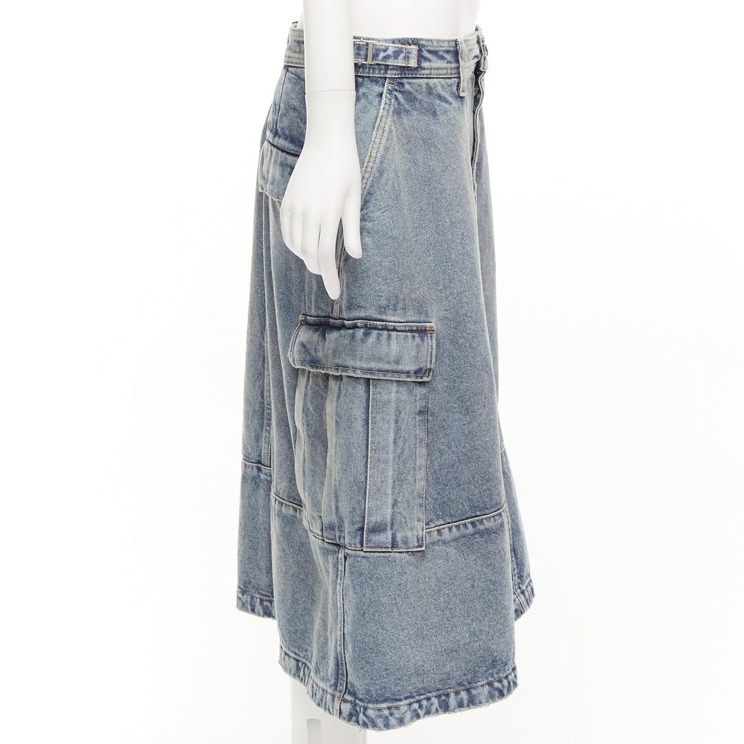 BALENCIAGA Demna 2021 Cargo Kick blue denim low waist logo midi skirt FR38 M
