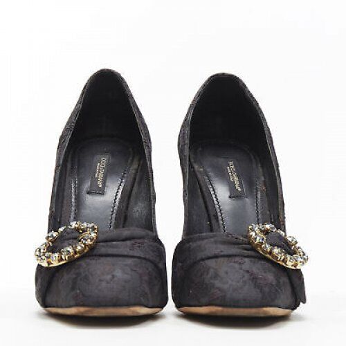 DOLCE GABBANA black brocade strass crystal brooch angular heel pump EU39 US9