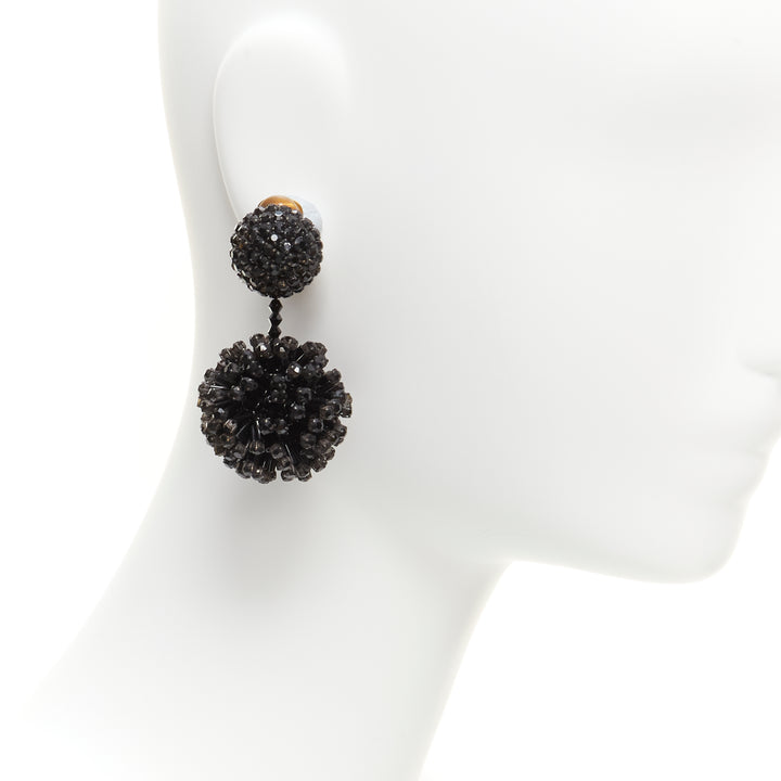 OSCAR DE LA RENTA black beaded crystal double ball drop clip on earrings