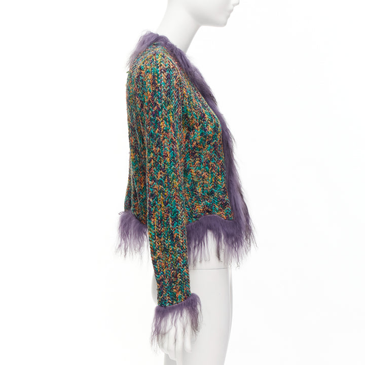 rare EMANUEL UNGARO purple faux fur trim green speckled tweed jacket IT38 XS