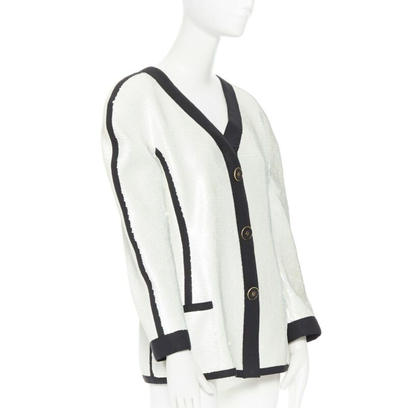 runway CHANEL SS91 white sequin black grosgrain trim scuba zipper jacket FR44