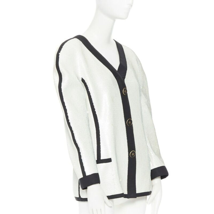 runway CHANEL SS91 white sequin black grosgrain trim scuba zipper jacket FR44