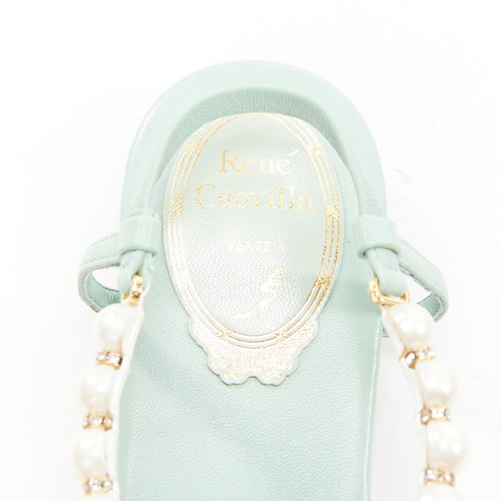 RENE CAOVILLA teal leather bow crystal pearl tstrap flat sandals EU37