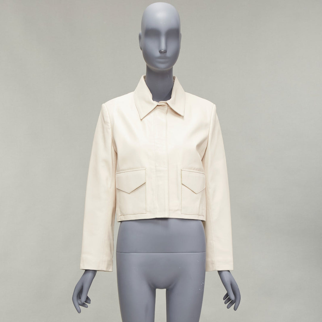NOUR HAMMOUR cream lambskin minimal dual pocket cropped zip jacket IT36 XXS