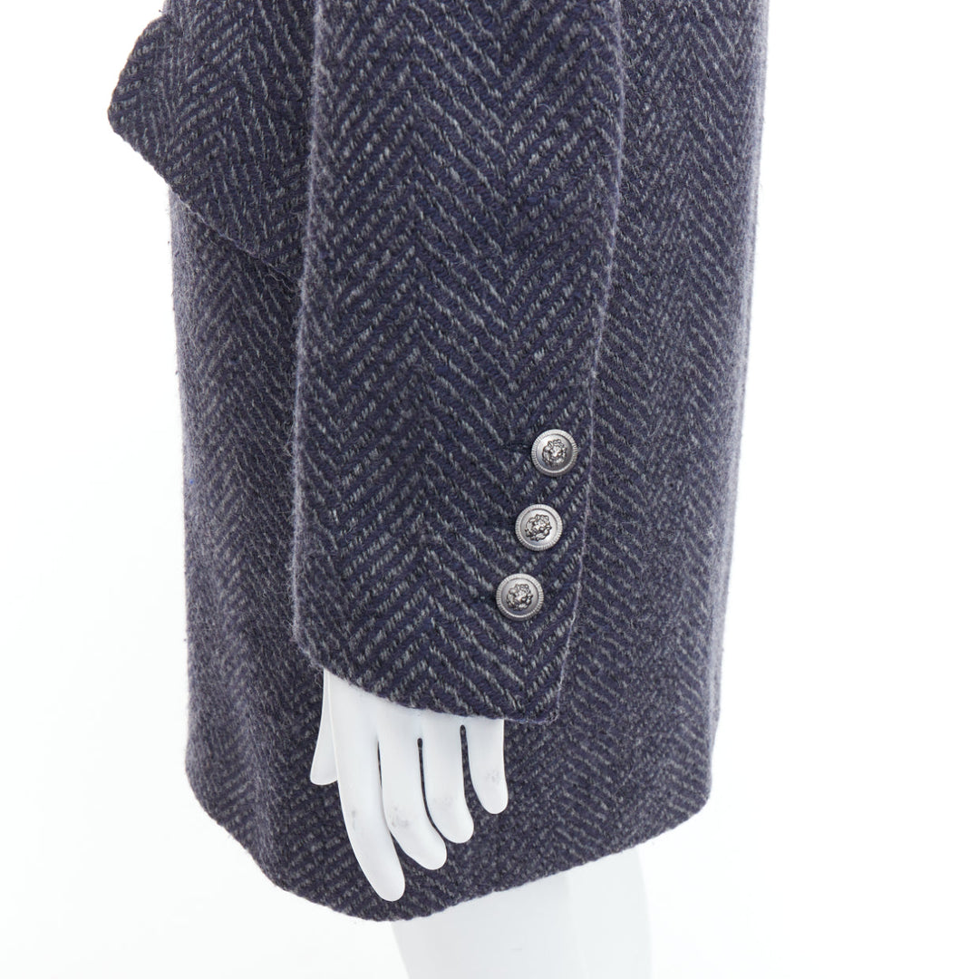 CHANEL Karl Lagerfeld 08A grey navy herringbone tweed long coat FR46 3XL