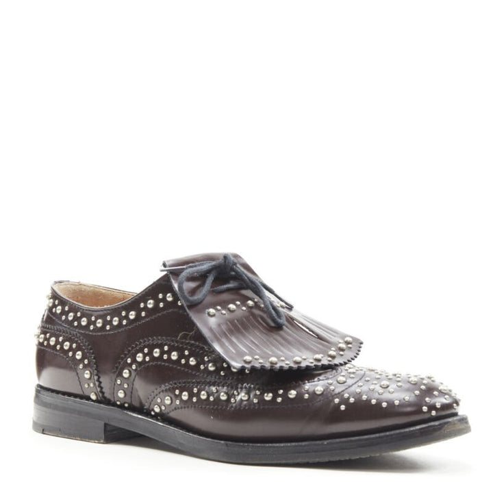 CHURCH'S Burwood Met Cordovan dark brown silver studded fringe brogue EU36