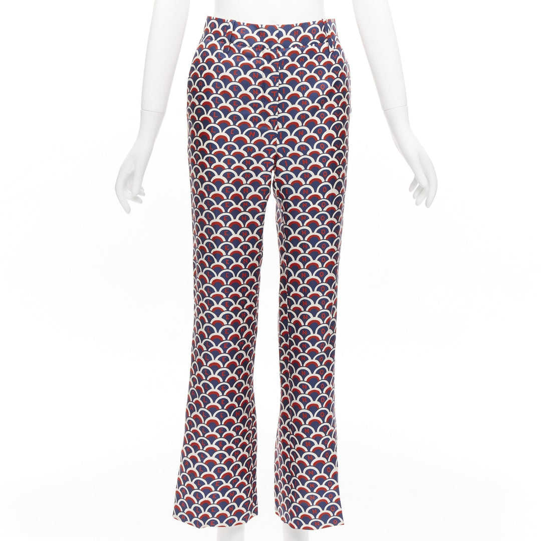 VALENTINO 100% silk  scallop print logo print navy red flared pants IT36 XXS