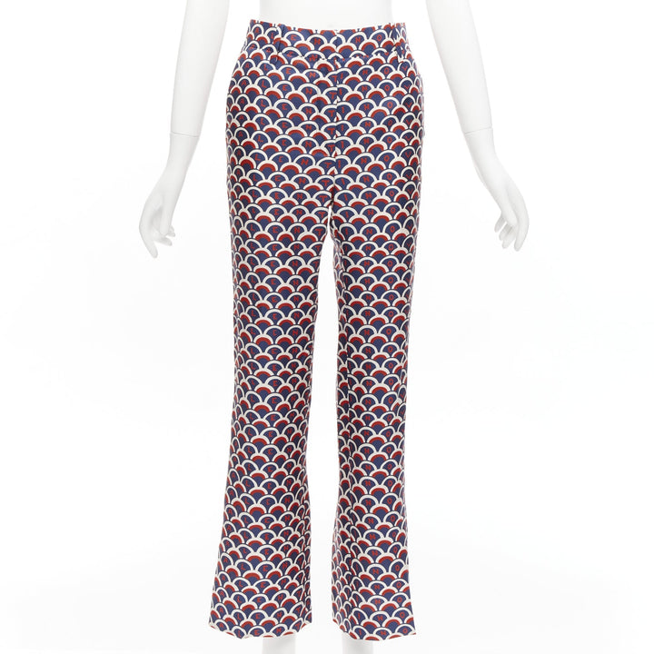 VALENTINO 100% silk  scallop print logo print navy red flared pants IT36 XXS