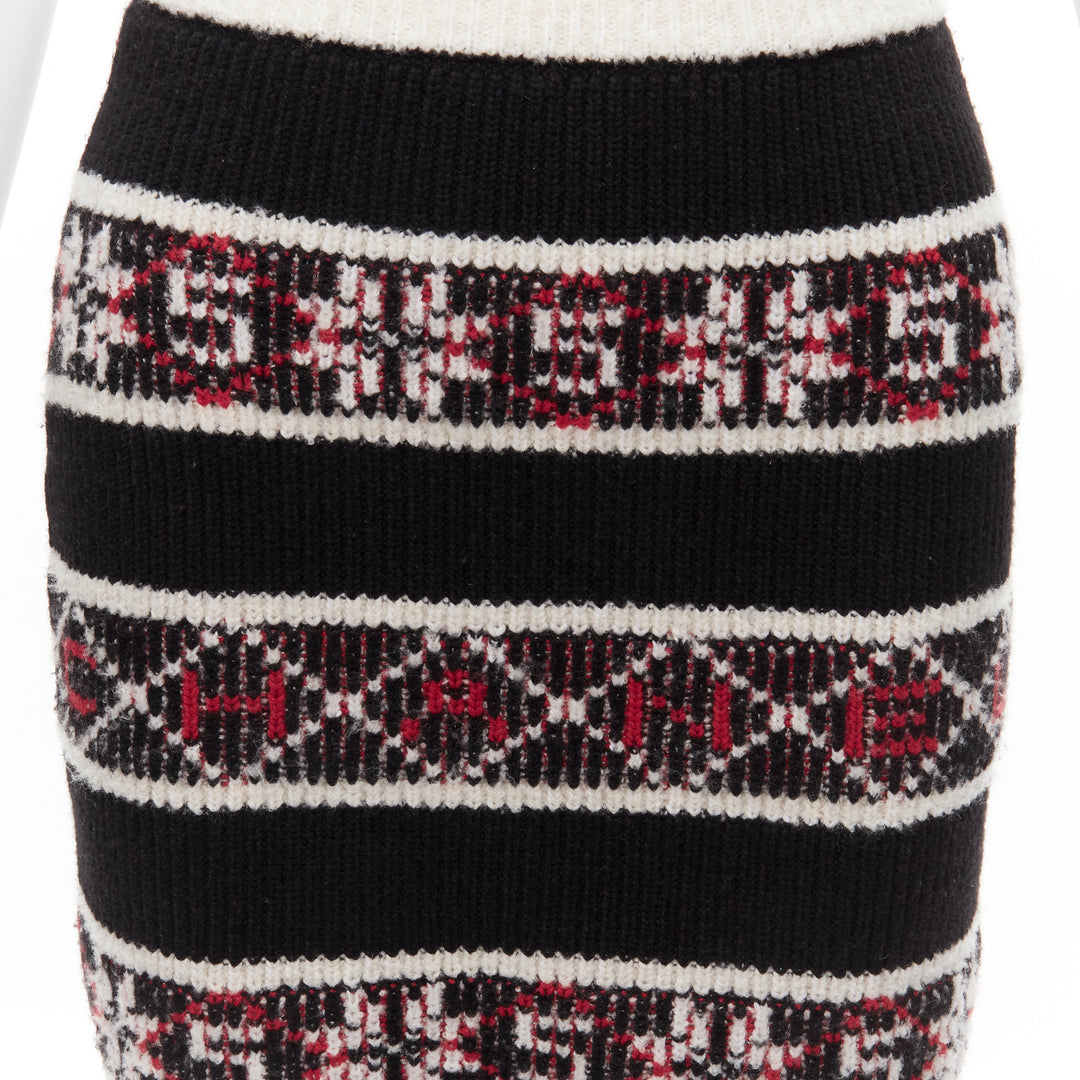CHANEL Number 5 red black white CC logo fair isle intarsia skirt FR34 XS