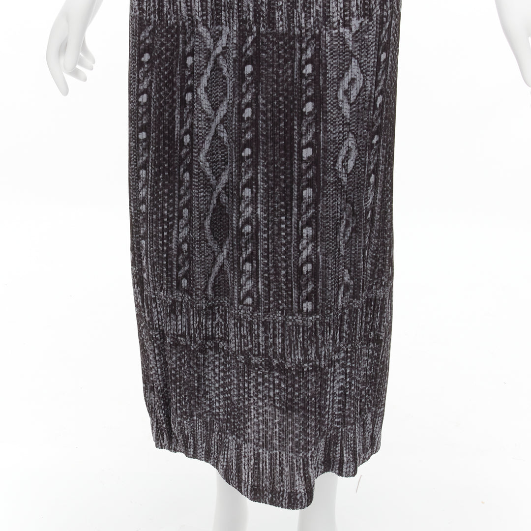 ISSEY MIYAKE PLEATS PLEASE grey black cable knit print pleated midi skirt JP2 M