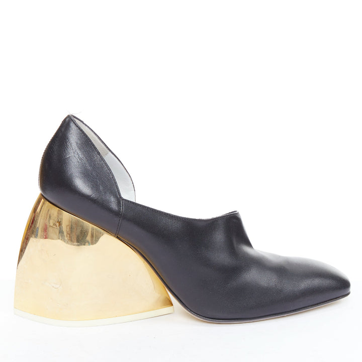 LOEWE gold curved heel black leather slip on heeled shoes EU39