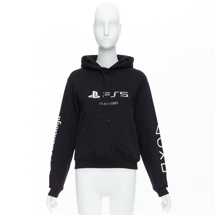 BALENCIAGA Demna 2021 black cotton PS5 logo fitted cropped hoodie M