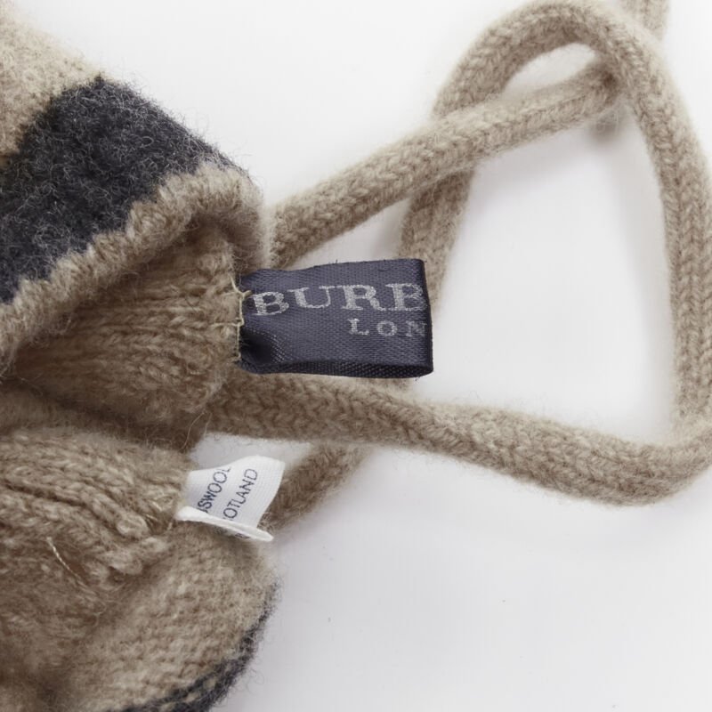 BURBERRY 100% lambs wool red black beige striped mitten glove on string