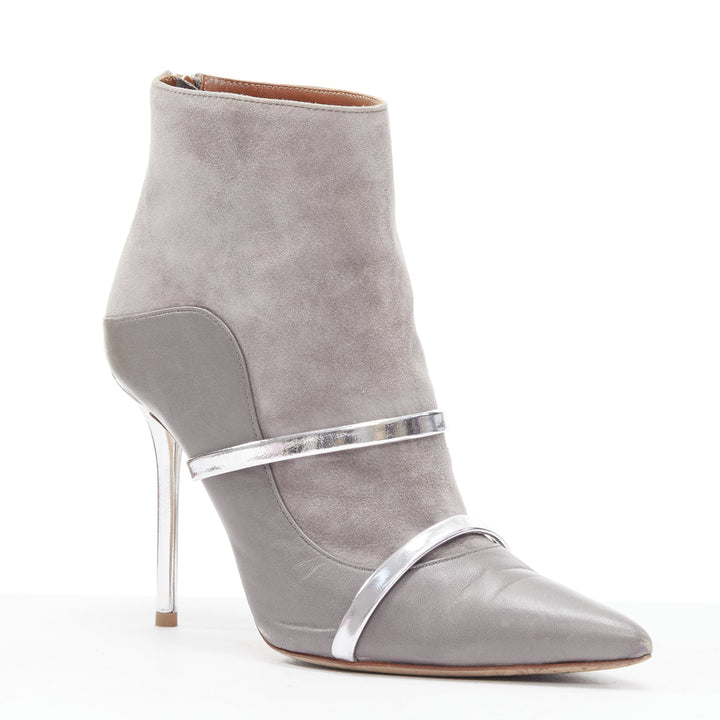 MALONE SOULIERS grey suede silver patent strap stiletto heeled booties EU37