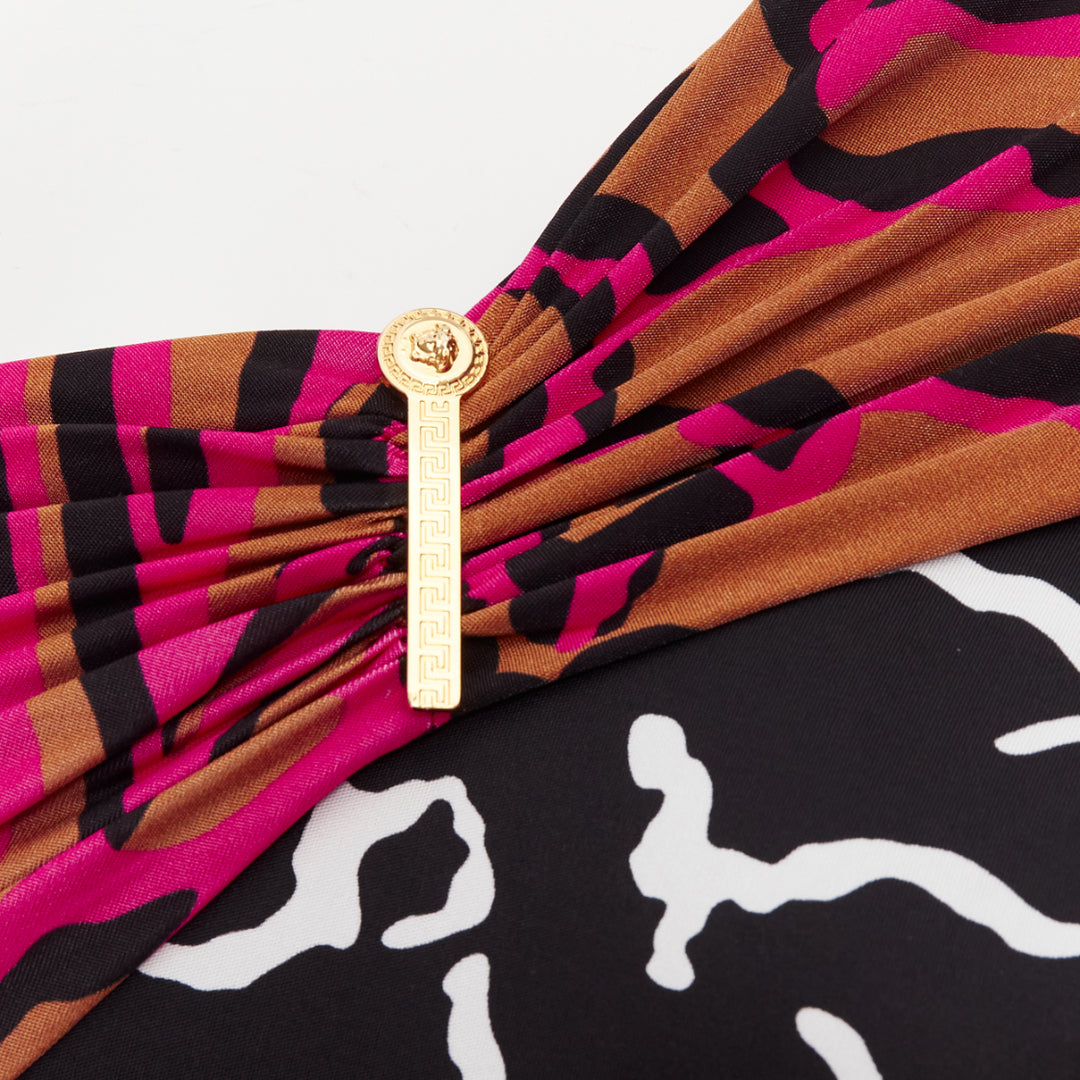 VERSACE Runway mixed giraffe print gold logo clip body con wiggle dress IT36 XXS