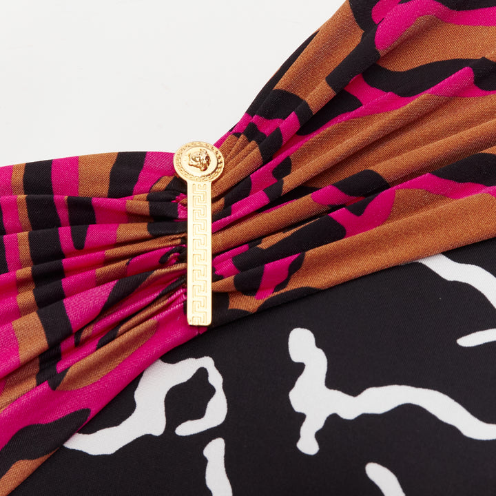 VERSACE Runway mixed giraffe print gold logo clip body con wiggle dress IT36 XXS