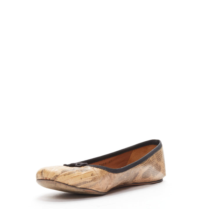 ALAIA brown scaled leather black bow trim ballerina flats shoes EU37