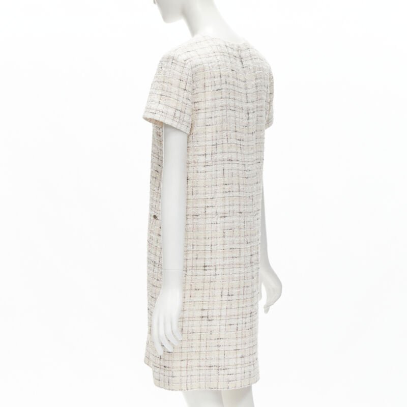 CHANEL light pink beige black check tweed short sleeve sheath dress FR38 M