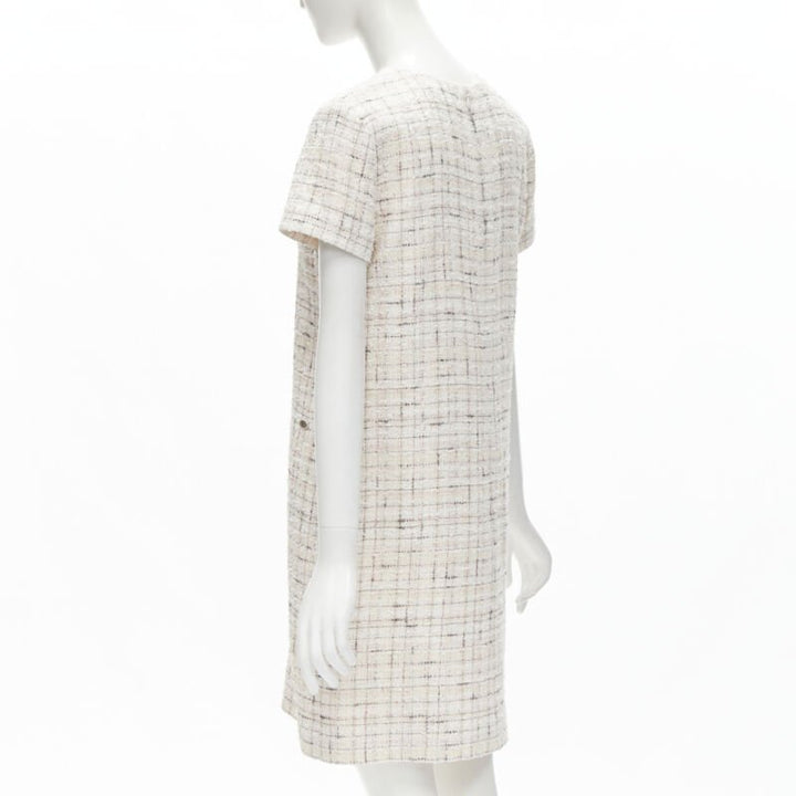 CHANEL light pink beige black check tweed short sleeve sheath dress FR38 M