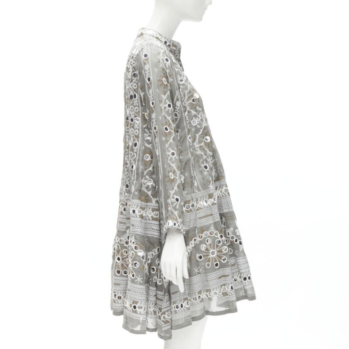 JULIET DUNN LONDON grey floral print silver pailette flared hem jacket US2 S