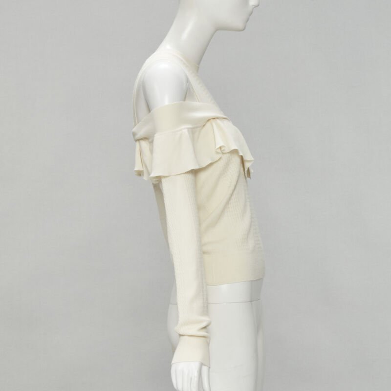 FENDI cream wool silk cashmere cold shoulder ruffle knit sweater IT44 M