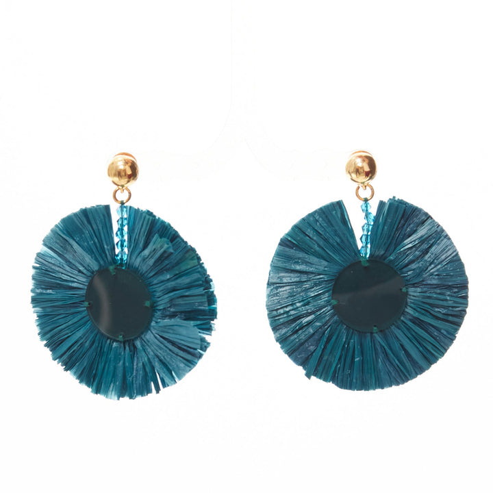 OSCAR DE LA RENTA dark green raffia acrylic plate round pin earrings