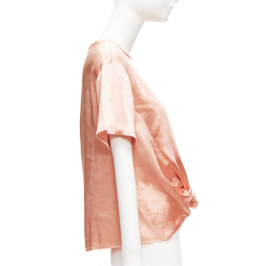 REGINA PYO pink silky satin front knot crew neck frayed edge collar top S