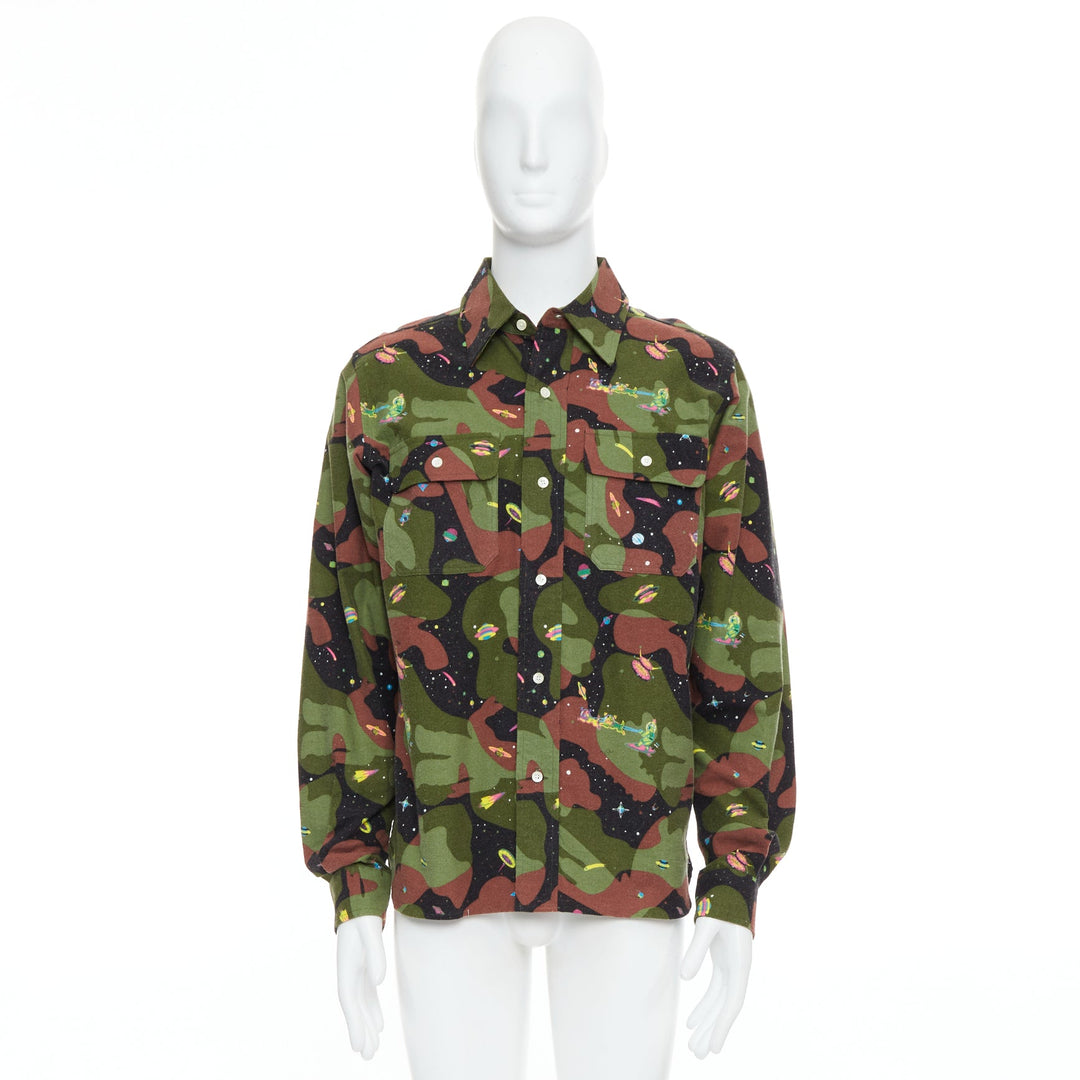 BILLIONAIRE BOYS CLUB green brown cotton camo UFO print shirt M