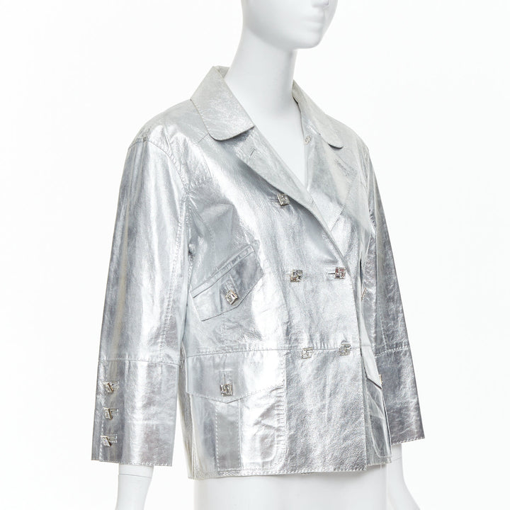 LOUIS VUITTON Marc Jacobs metallic silver leather crystal button jacket FR36 S