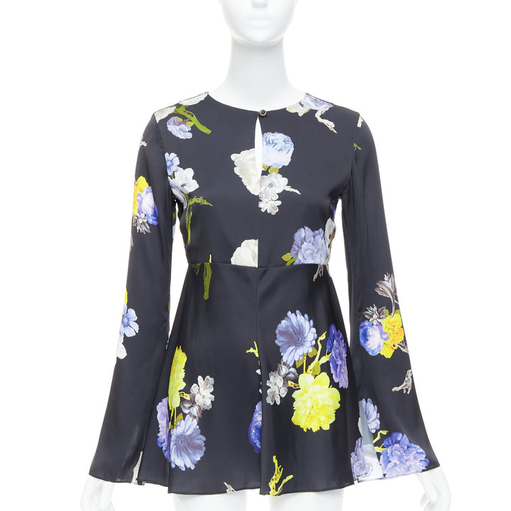 ACNE STUDIOS 2017 Bahari purple black floral silky flare cut out top FR34 XS