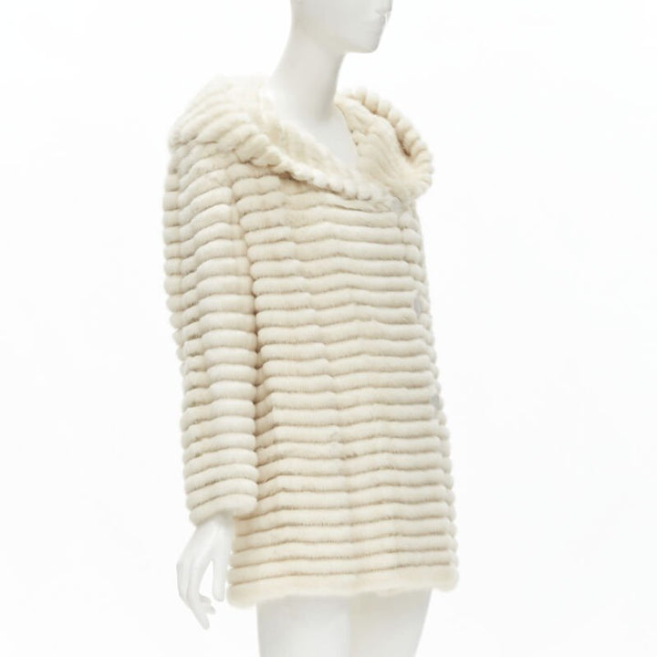 MARCO VANOLI cream tulle fur stripes buttoned asymmetric hooded jacket IT40 S