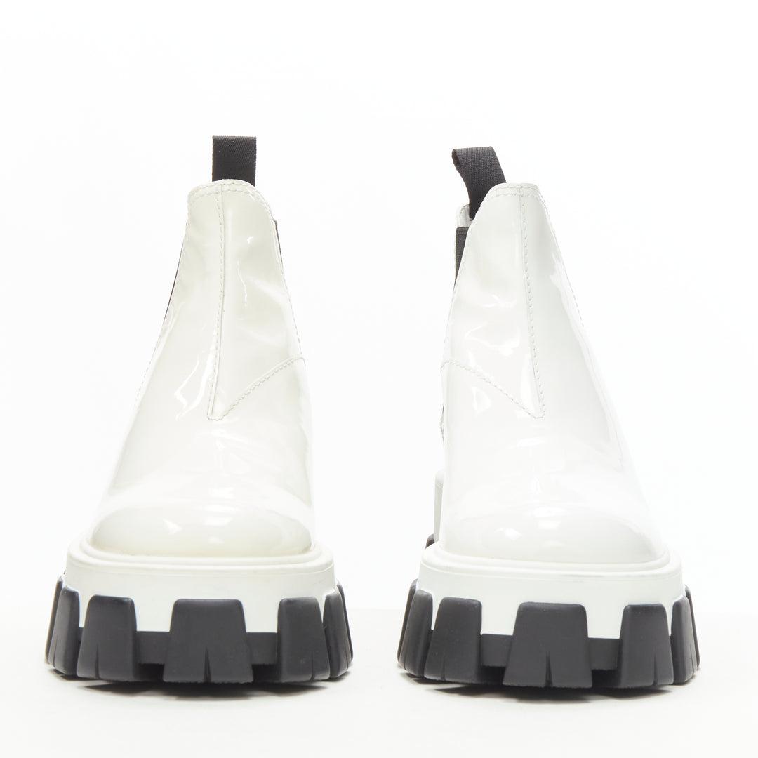 PRADA 2019 Monolith white patent lug sole platform ankle boot  EU36