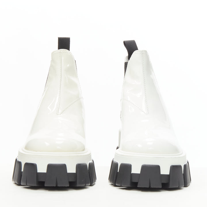 PRADA 2019 Monolith white patent lug sole platform ankle boot  EU36