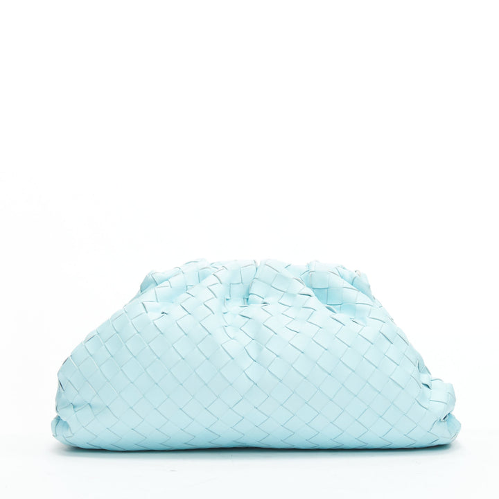 BOTTEGA VENETA The Pouch sky blue Intercciato woven leather magnetic clutch bag