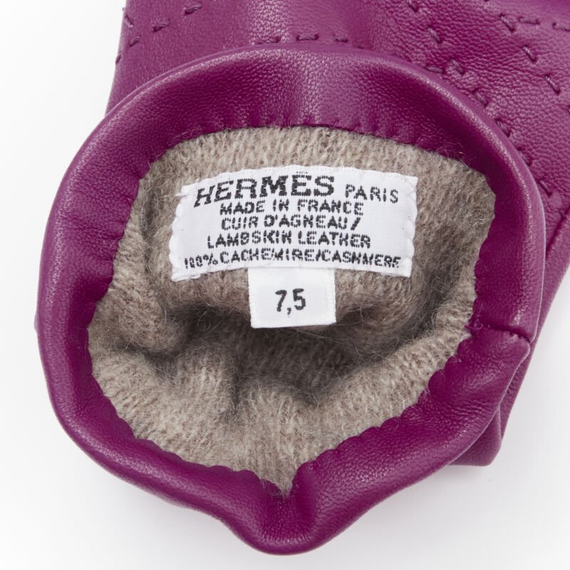 HERMES purple lamb leather overstitching 100% cashmere lined glove 7.5
