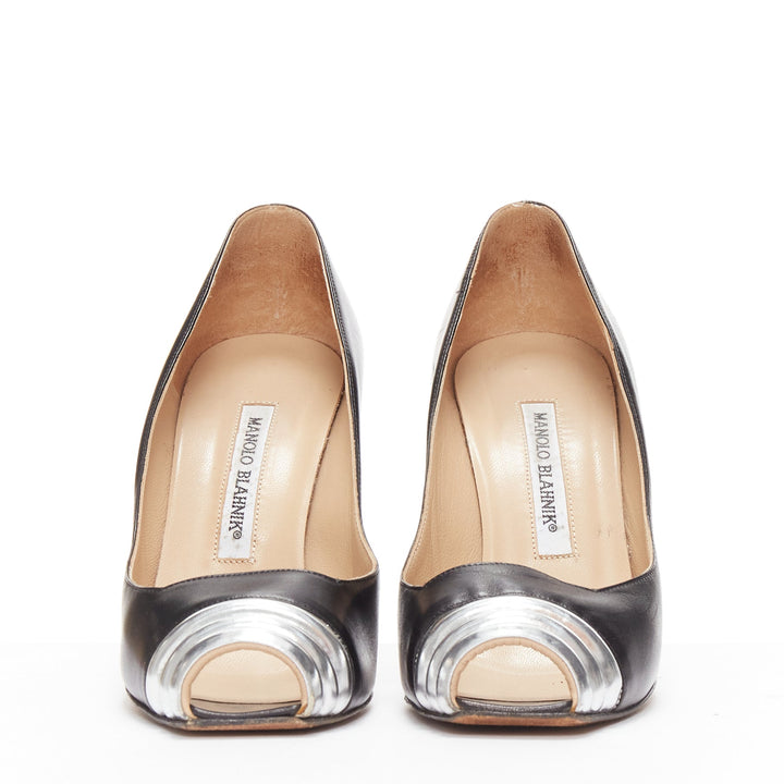 MANOLO BLAHNIK black leather silver quilted blunt peep toe pumps EU37