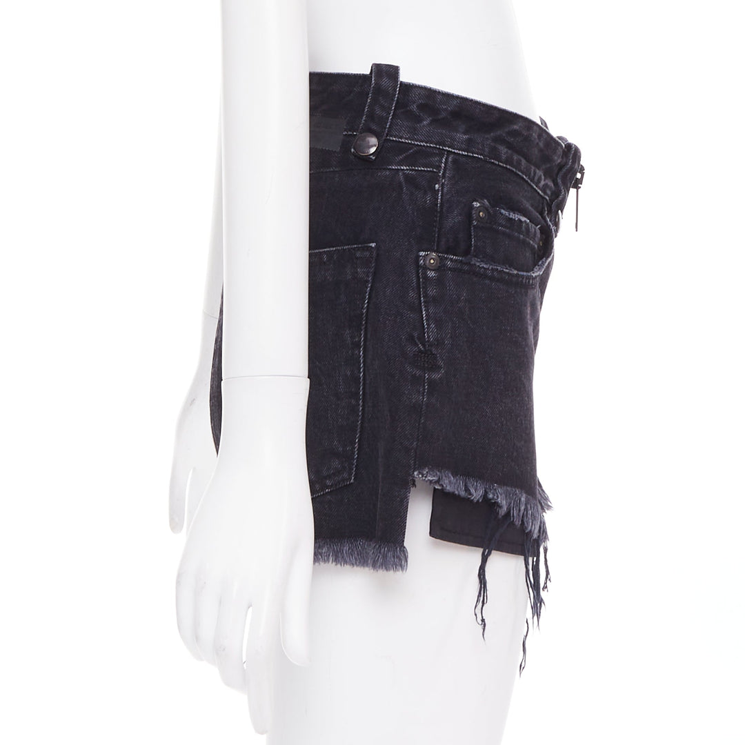 UNRAVEL PROJECT dark blue cotton zip around distressed mini shorts 25"