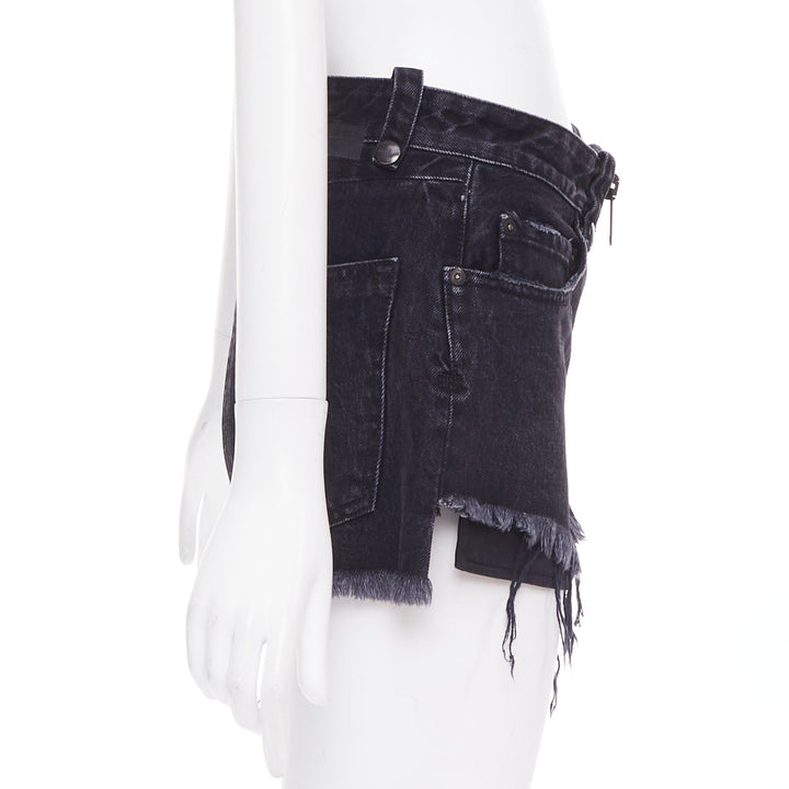 UNRAVEL PROJECT dark blue cotton zip around distressed mini shorts 25"