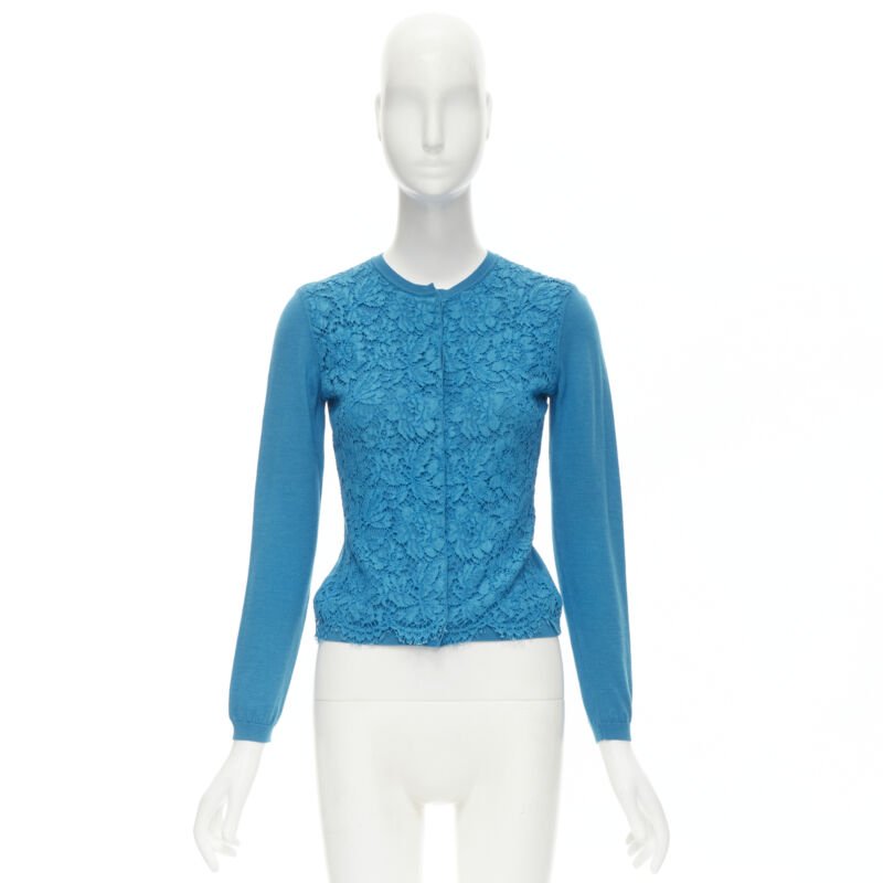 VALENTINO blue floral lace front wool silk cashmere cardigan sweater S