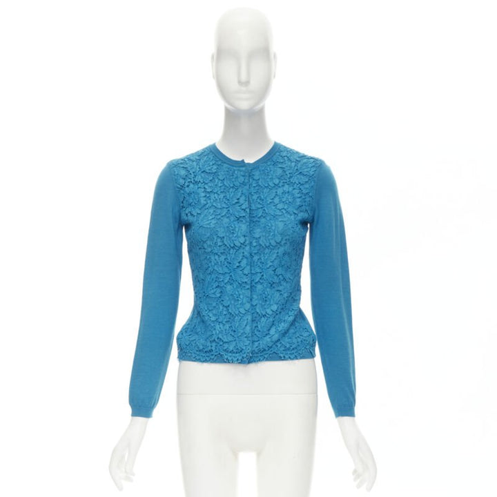 VALENTINO blue floral lace front wool silk cashmere cardigan sweater S