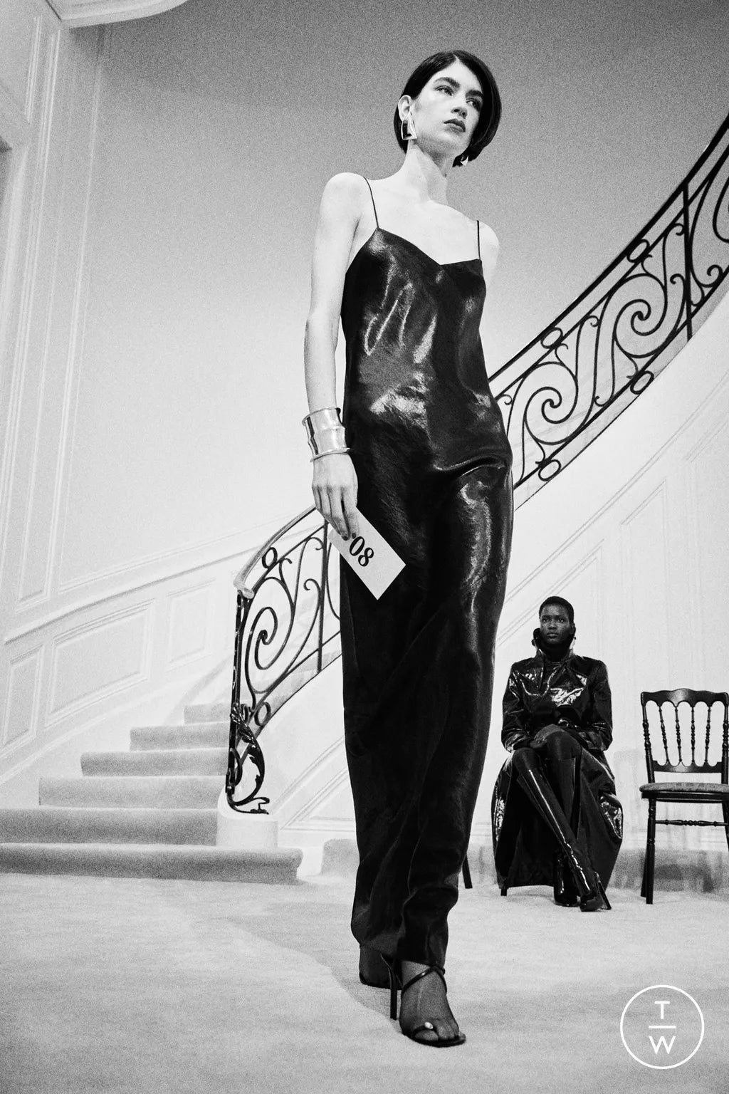 SAINT LAURENT 2023 Runway black iridescent satin plunge cowl back dress FR42 XL
