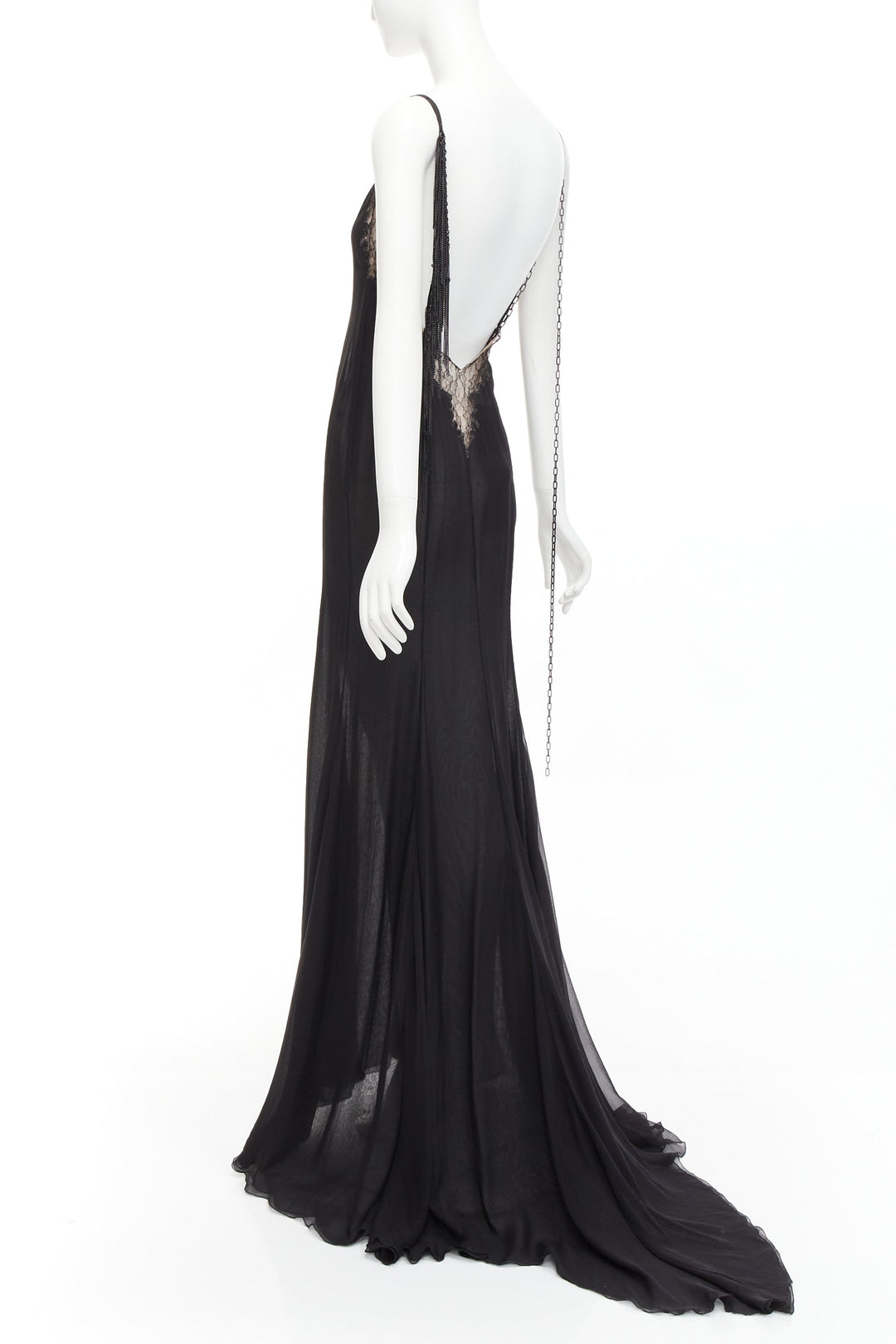 GIANNI VERSACE Vintage black punk chain detail lace trim sheer long gown IT38 XS
