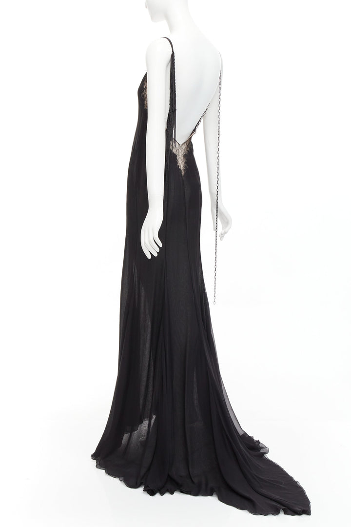 GIANNI VERSACE Vintage black punk chain detail lace trim sheer long gown IT38 XS
