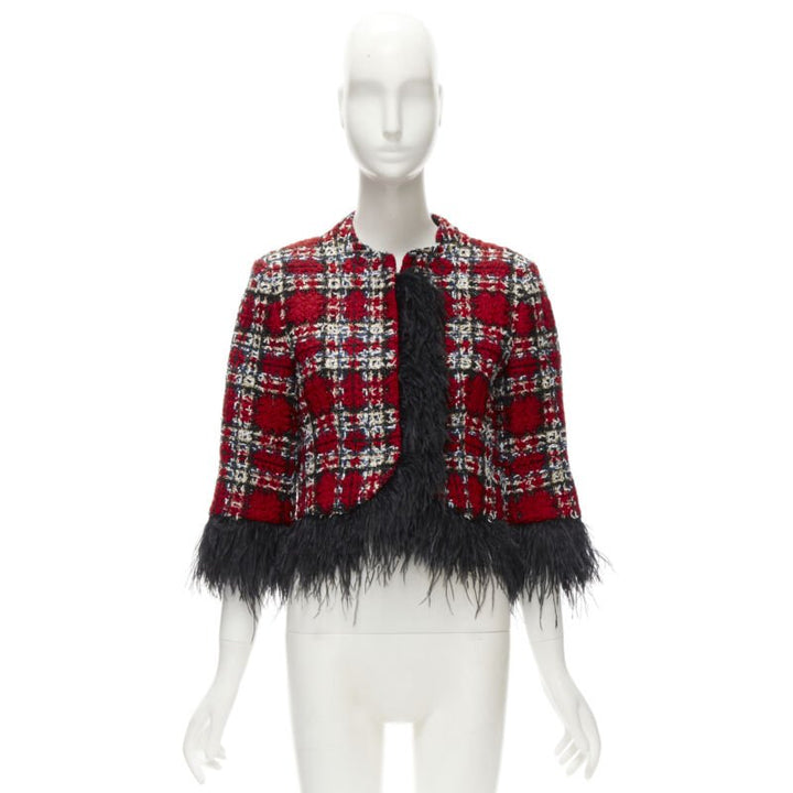 HALPERN 2022 red checked tweed black feather trim cropped jacket FR34 XS