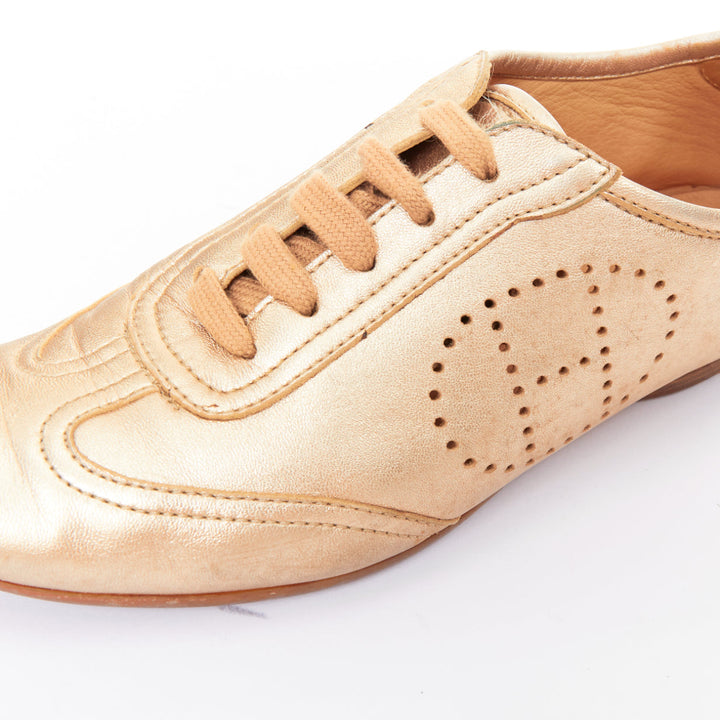HERMES Pewter gold metallic perforated H leather laced flat sneakers EU37