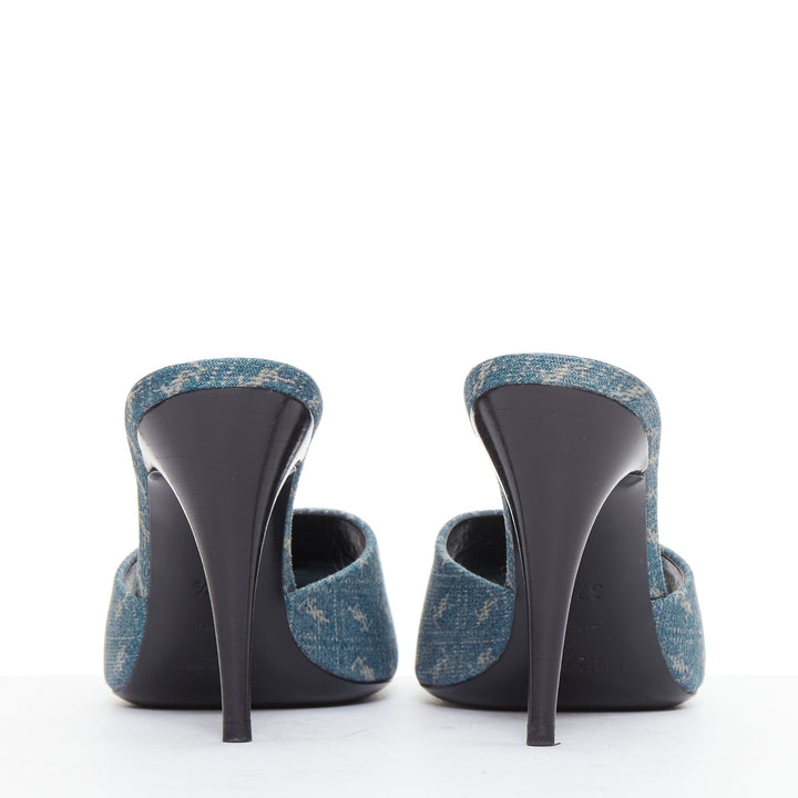 SAINT LAURENT La 16 Mules Cassandre Denim blue YSL monogram sandal heels EU37.5