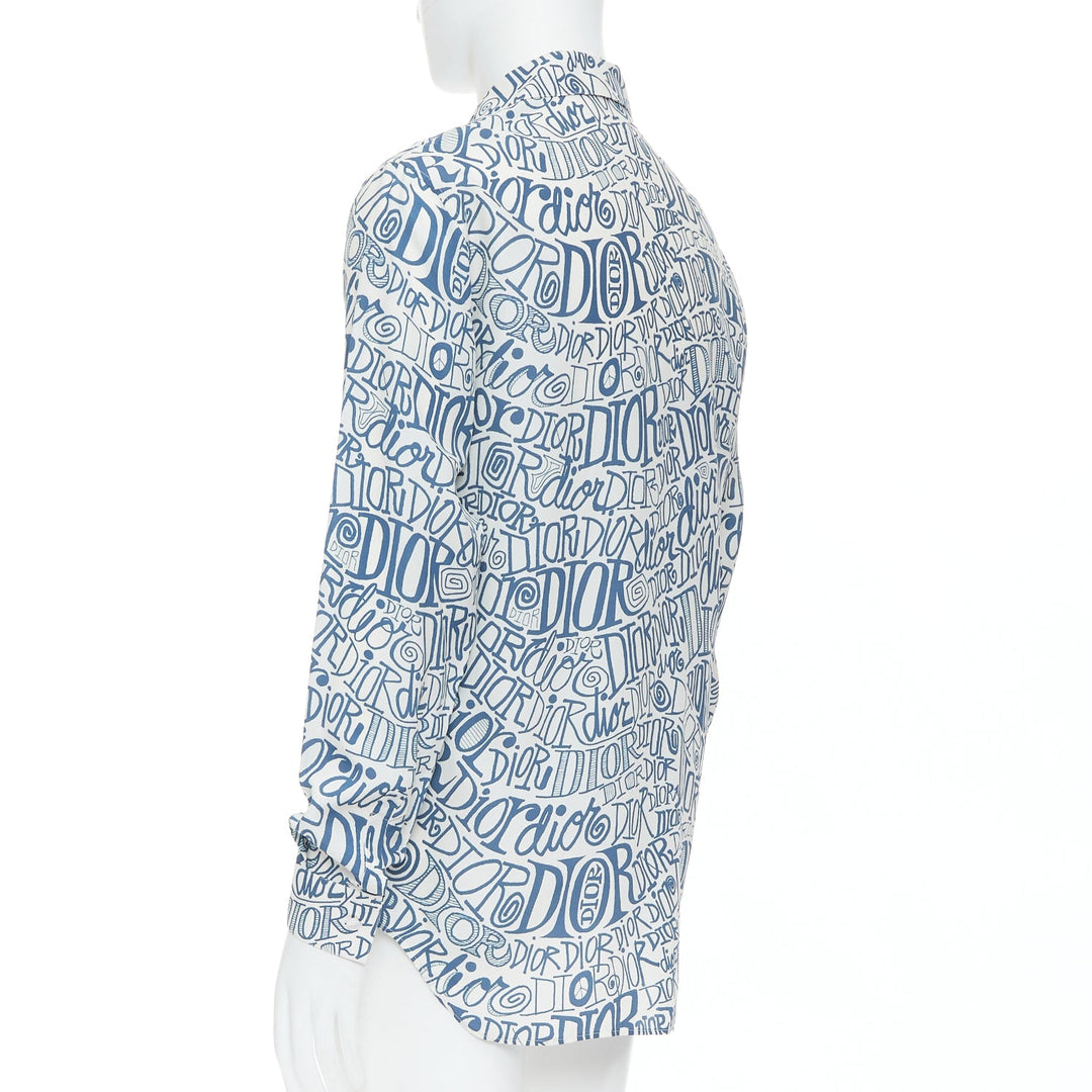 DIOR Shawn Stussy blue graffiti swirl logo print button down shirt EU38 S