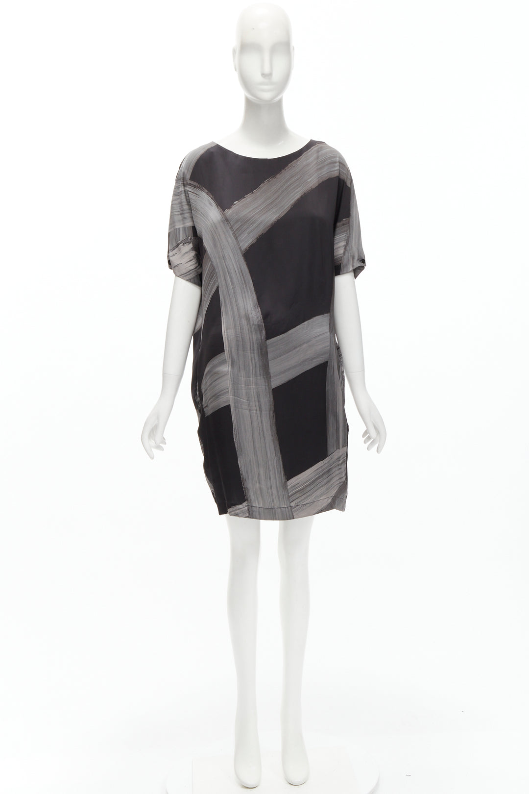 STELLA MCCARTNEY 100% silk black grey brush stroke print bateau dress IT38 XS
