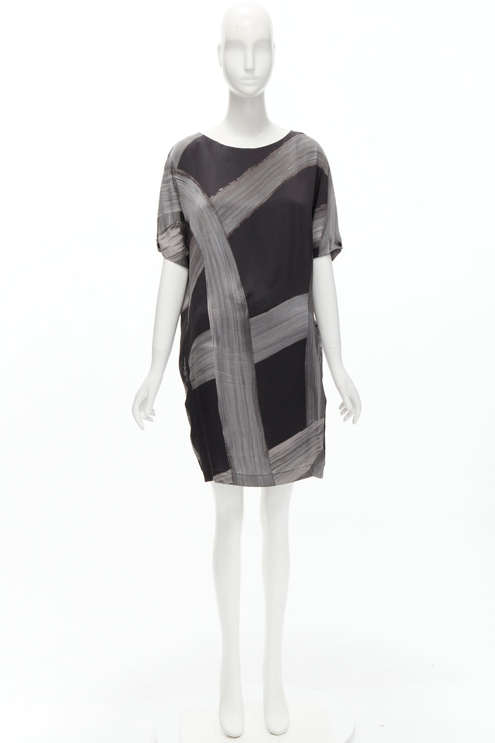 STELLA MCCARTNEY 100% silk black grey brush stroke print bateau dress IT38 XS